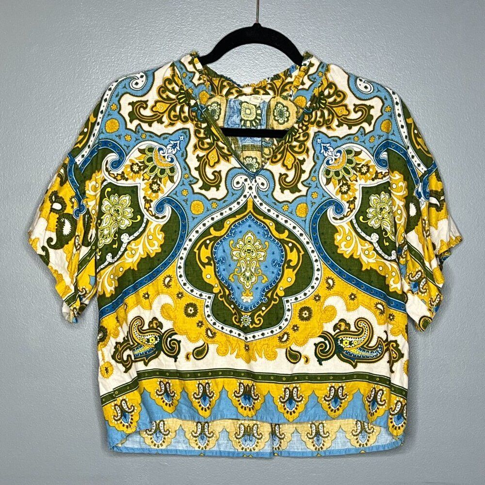Haute Hippie Boho Paisley Print Blouse M Linen Blend V Neck Festival Top Chic - Picture 2 of 6